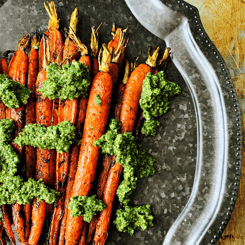 Balsamic Roasted Carrots Topped with Gorgeous Greens Pesto